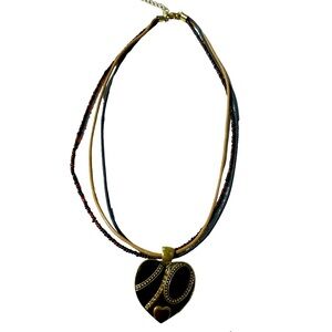 Green And Black Heart Pendant Leather And Seed Bead Statement Necklace